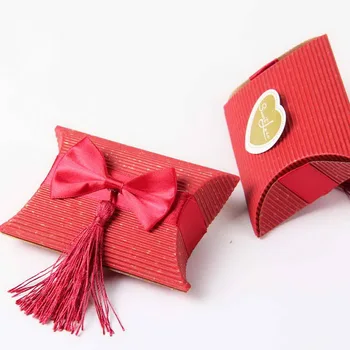 

Free Shipping new candy box Pillow Shaped Favor Box With Bow And Tassel beige and red 60pcs/lot