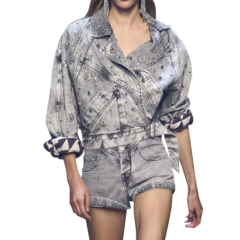 

2019 Runway Designer Woman Streetwear Sets Lapel Collar Diamond Patchwork Short Jacket Coat Light Wash Bleached Denim Trousers