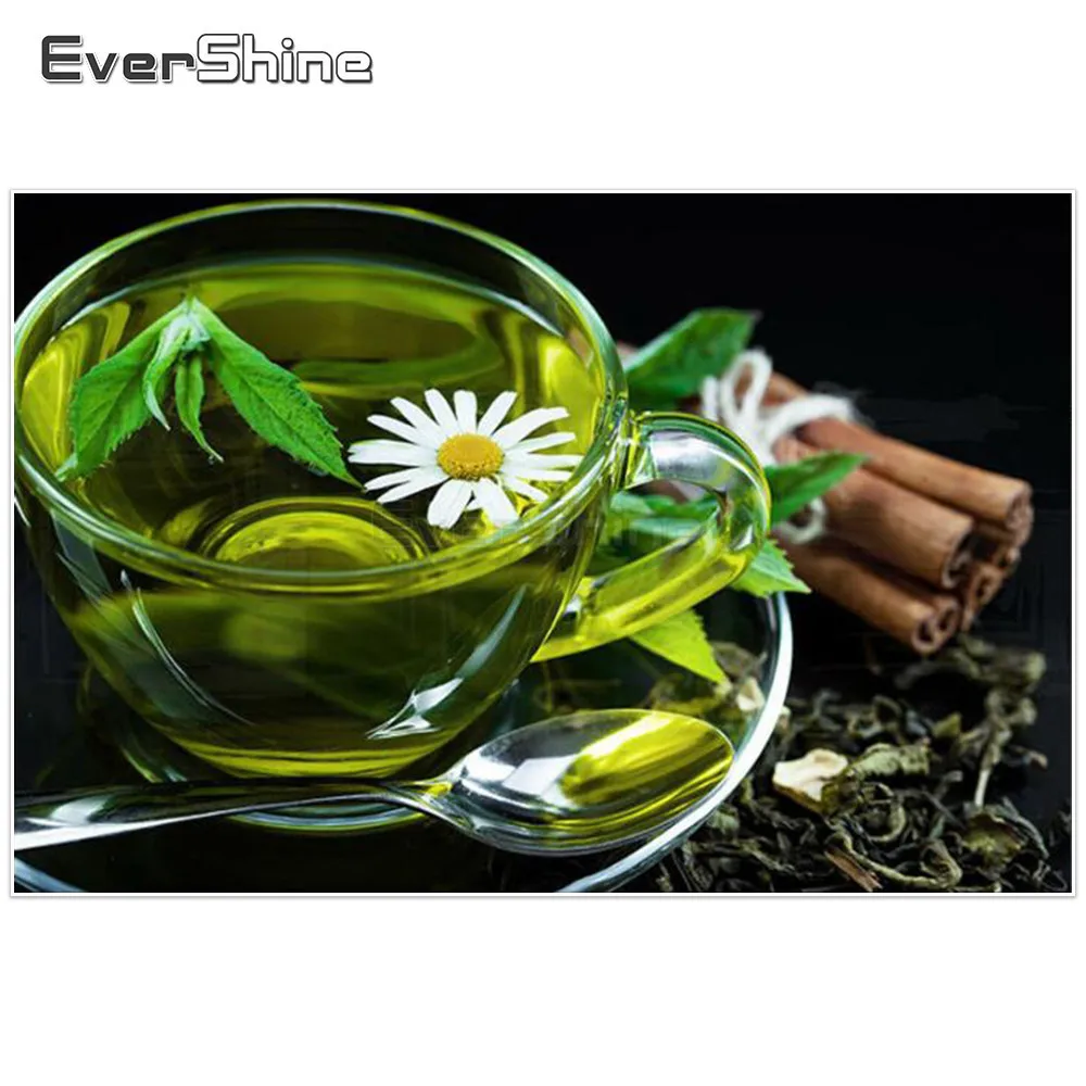 

EverShine 5D DIY Diamond Painting Cross Stitch Green Tea Pictures Full Round Drill Diamond Embroidery Flower Home Decoration