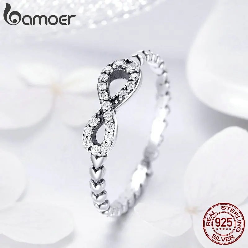 BAMOER Romantic 925 Sterling Silver Infinity Love Forever Heart Clear CZ Finger Ring for Women Sterling Silver Jewelry SCR414