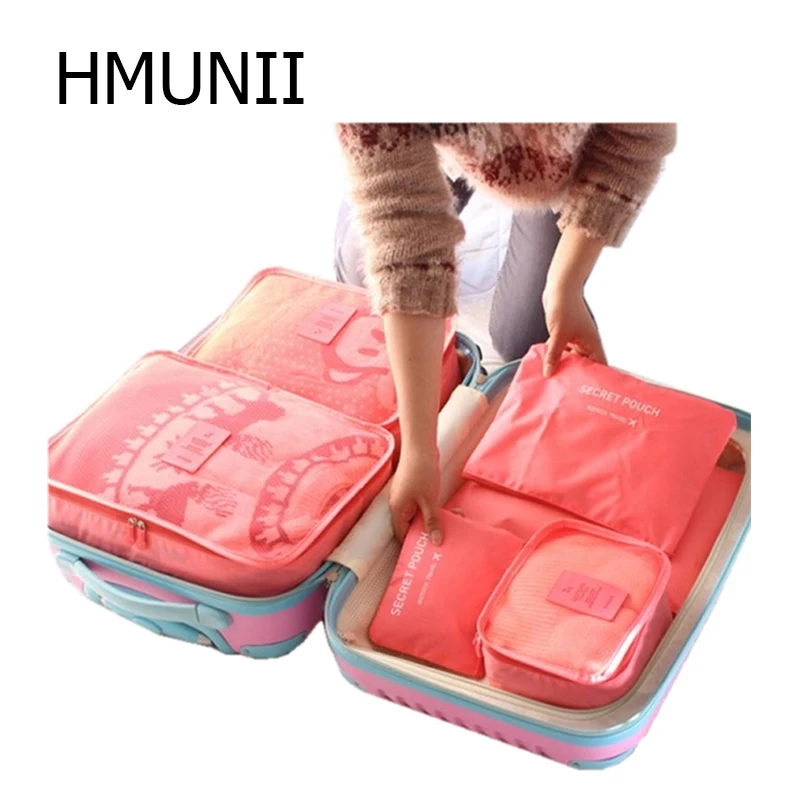 HMUNII النايلون التعبئة مكعب السفر حقيبة نظام دائم 6 قطع مجموعة واحدة كبيرة قدرة للجنسين الملابس فرز تنظيم حقيبة HM05