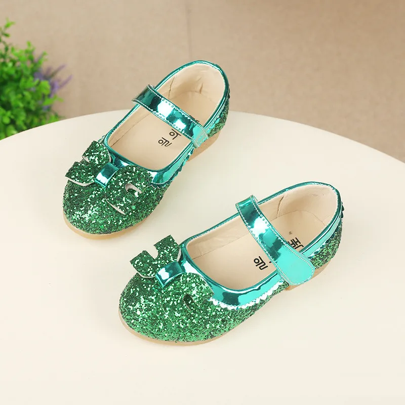 SpringAutumn Kids Fashion Princess Flat Shoes Girls Korean Bow PU Leather Glitter Child Dance Shoes School Girl Shoes Big&Little