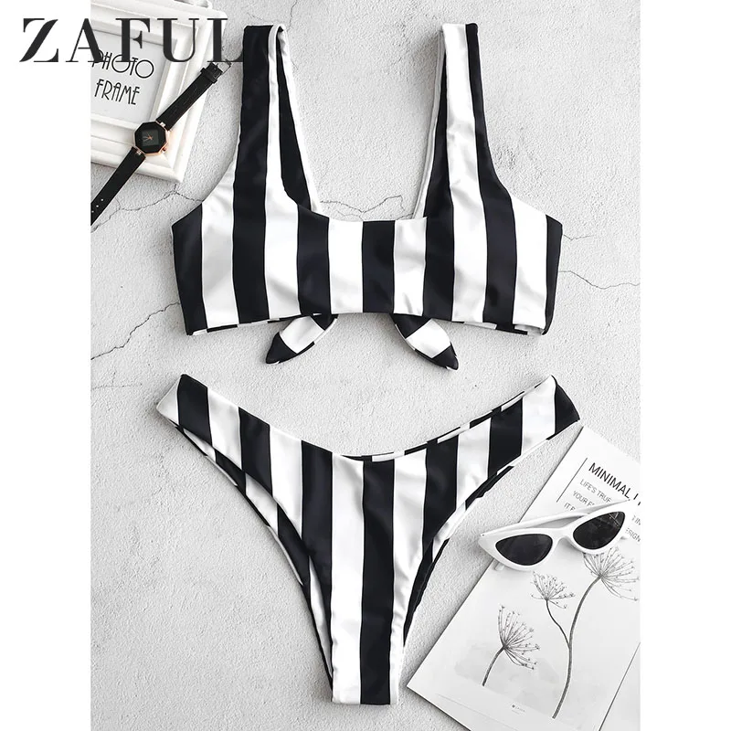 

ZAFUL Pitaya Bikinis 2019 Mujer Bathing Suit Women Biquinis Feminino High Leg Stripe Wrinkle Tie A Knot V Neck Fitness Bikini