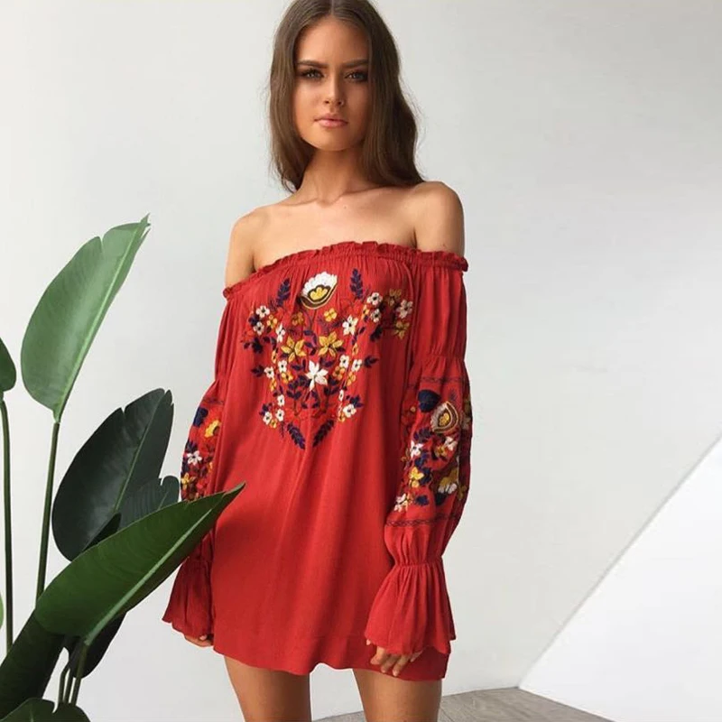 Vintage Floral Embroidery Women Dress 2017 Summer Boho Long Sleeve Sexy Slash Neck (10)