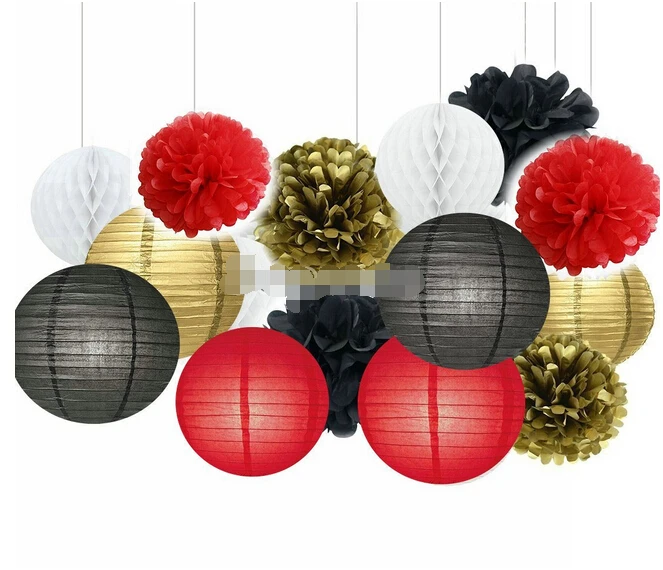 15 Pieces Or Noir Rouge Tissu Pom Poms Papier Lanternes Boule En Nid D Abeille Pour Neutre Bebe Douche Fete Decoration De Chambre D Enfant Aliexpress