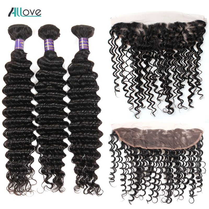 

Allove Brazilian Deep Wave Bundles With Frontal Closure Non Remy Human Hair Bundles With Frontal 3 Bundles With Lace Frontal