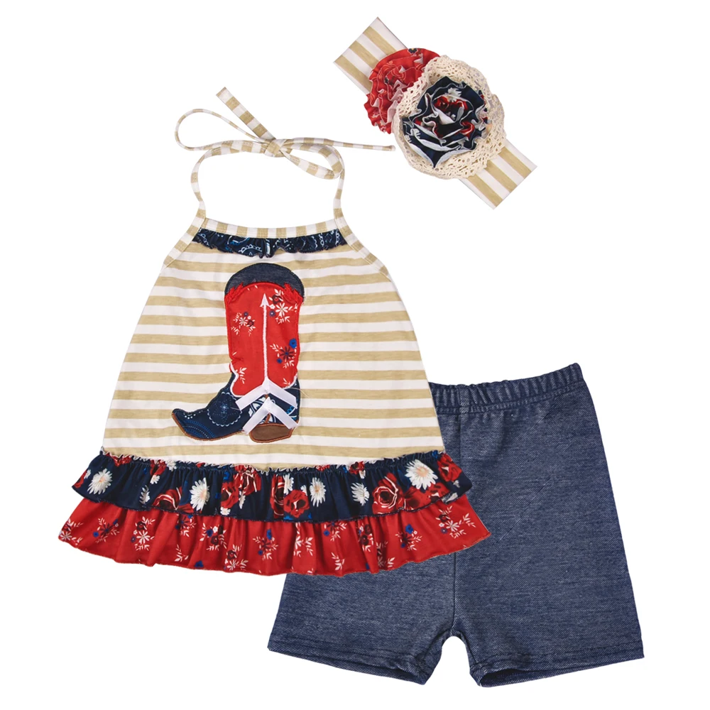 

New Design Girls Summer Sleeveless Clothing Striple Dress With Short Pants High Quality Kids Outfits With Headband 2GK804-301
