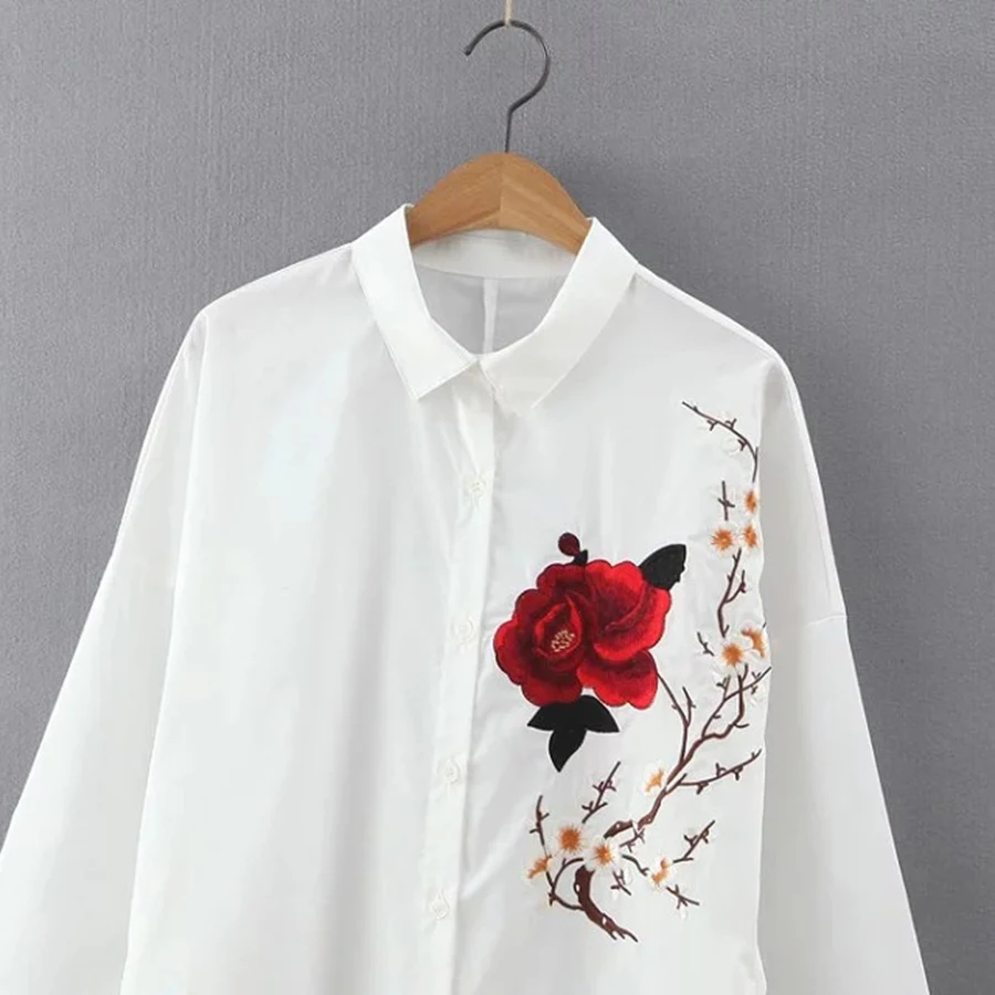 Women Summer White Shirt Rose Floral 
