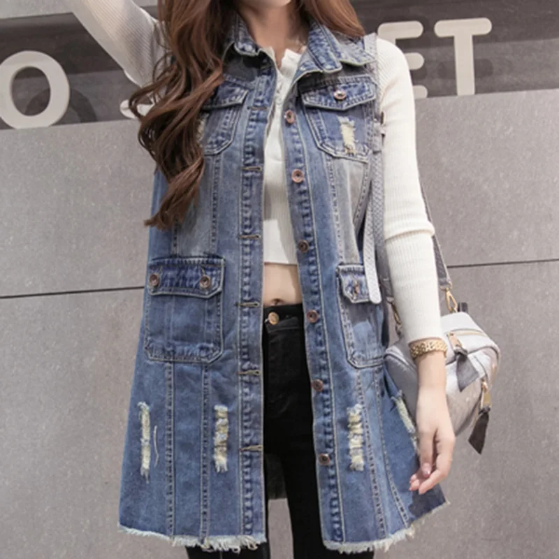 

Fashion 2019 Summer Autumn Women Denim Casual Vest Womens Hole Denim Vests Jeans Jacket Plus Size Long New Turn-down Collar T320