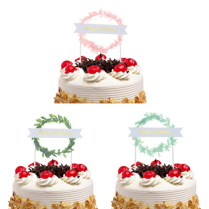 

Cake Toppers Flags Happy Birthday Green leaves Glitter Cupcake Topper Kids Gift Wedding Baby Shower Baking Party DIY Xmas Decor