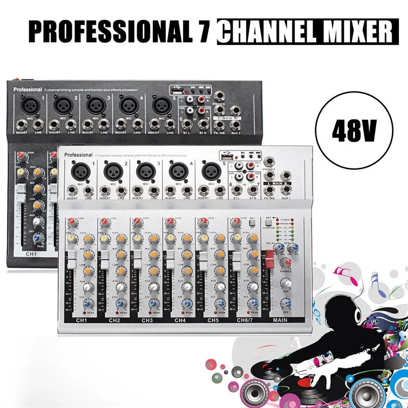 48V Mini Professional USB Mixing Console 7 Channel Live Studio Audio Mixer KTV Network Anchor Sound