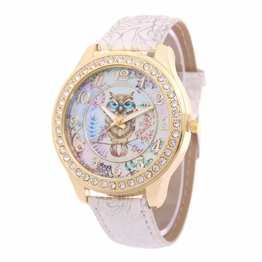 Женские часы модные часы с рисунком совы, цветной кожаный ремешок, цифровые часы с циферблатом, кварцевые наручные часы с бриллиантами, Relogio Feminino