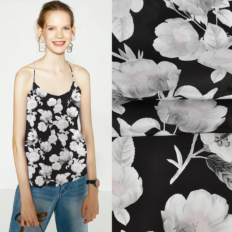 

135CM 12MM White Gray Floral Print Black Silk Crepe de Chine Fabric for Spring Summer Dress Blouse Skirt Shirt Pants JH128