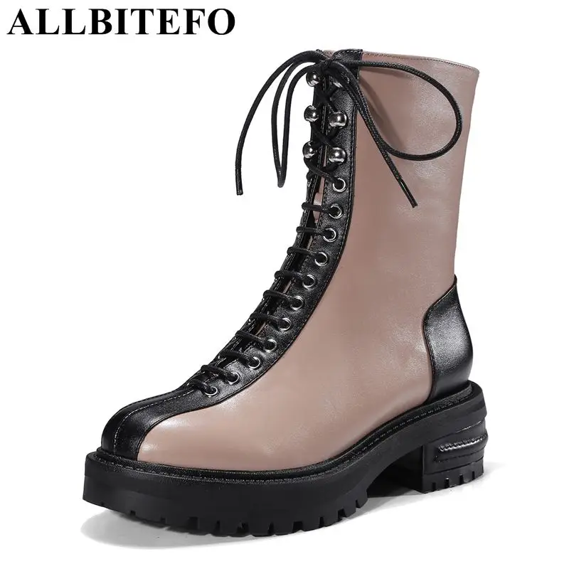 

ALLBITEFO brand natural genuine leather women ankle boots platform boots fashion leisure High quality girls motorcycle boots