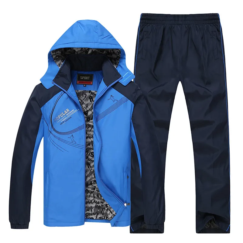 Новая мода, мужские зимние спортивные костюмы, утолщенное теплое пальто+ штаны, костюм, повседневная мужская спортивная одежда, пальто с капюшоном, куртка, комплекты размера плюс 6XL - Цвет: Синий