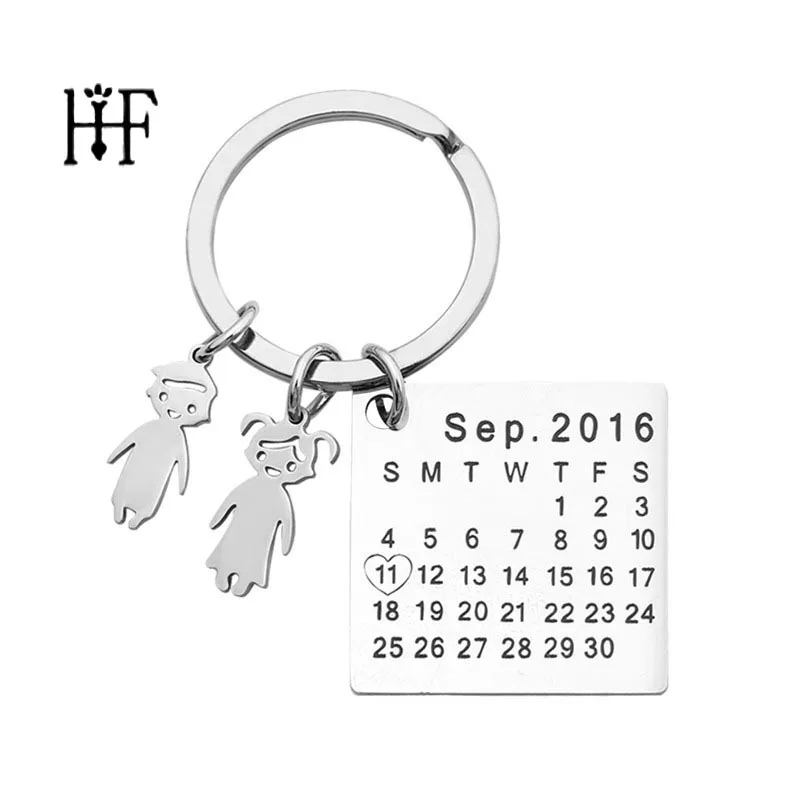 

Customized Calendar Keychain Personalized Stainless Steel Custom Name Keychain Engrave Date Marked with Heart Girls Boy's Gift