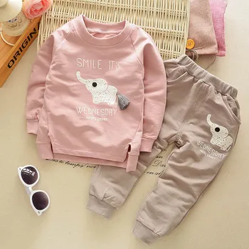 

O Neck Solid Color Elephant Print Long-Sleeved Sweater Trousers Girls Clothes For Girls Boys Clothes 2Pcs 2019 New Sping Kids