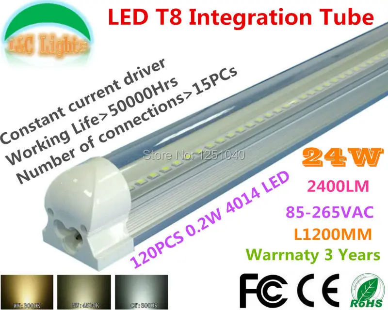 

Super bright 1.2M Integration LED T8 Tube 25W 2400LM CE RoHS Shopping plaza lights Supermarkets energy-saving lamps 25PCs a Lot