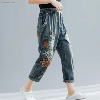 

Vintage Flower Embroidery BF Capris Jeans Woman Summer 2019 Streetwear Loose Elastic Waist Retro Denim Pencil Pants Jean Femme