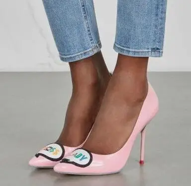 KALMALL/вечерние туфли-лодочки; цвет розовый; женские туфли из лакированной кожи на высоком каблуке; женские туфли на шпильке с вышивкой; женская обувь без застежки - Цвет: pink with 9 cm