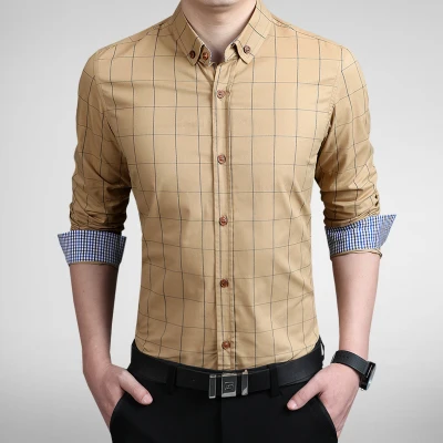 MIACAWOR, новинка, повседневная мужская рубашка в клетку, модные нарядные рубашки, приталенная рубашка с длинным рукавом, мужская рубашка размера плюс 5XL MC242 - Цвет: Хаки