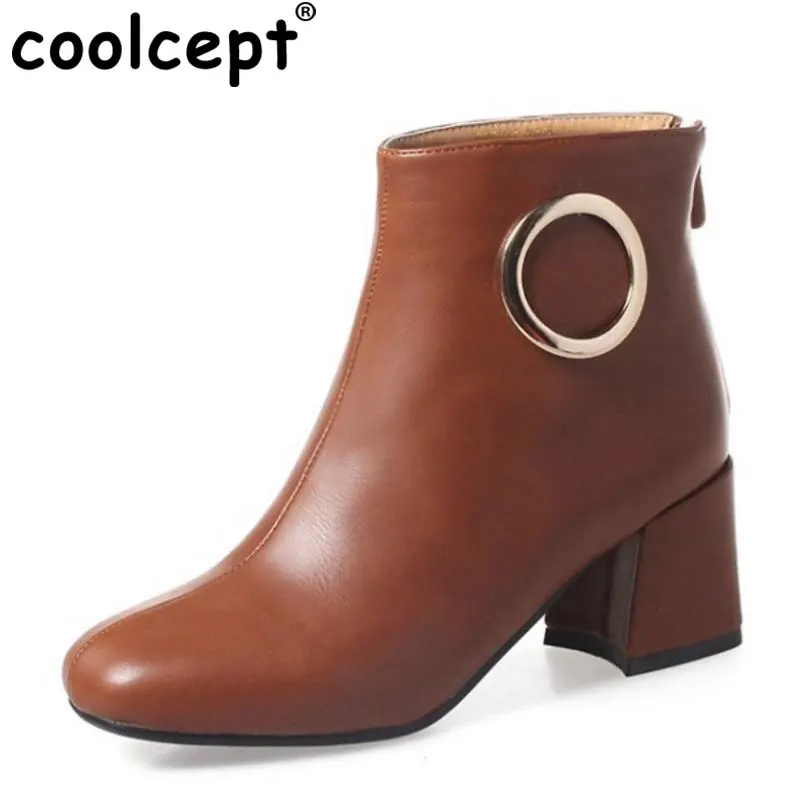 

Coolcept Size 32-46 Ladies High Heel Boots Women Zipper Metal Square Toe Solid Color Thick Heel Boot Fashion Party Female Bota