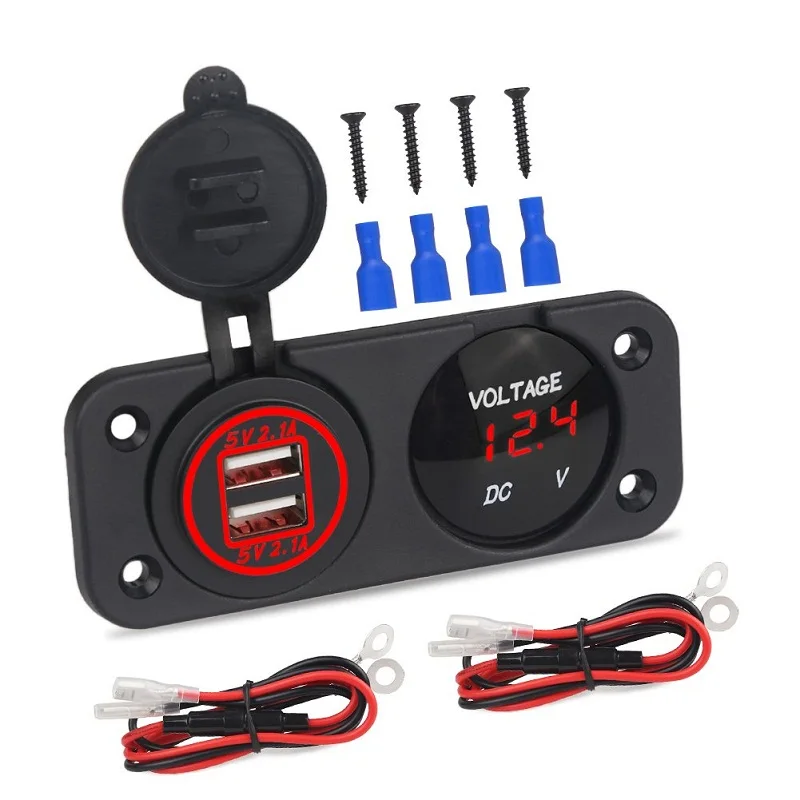 12V-24V красная светодиодная подсветка dual USB зарядное устройство розетка Вольтметр
