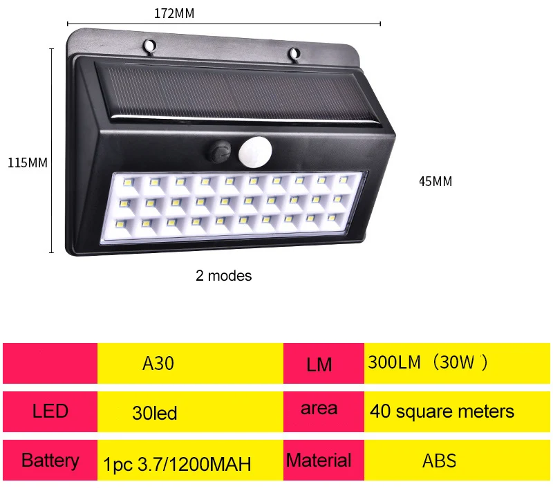 Беспроводной солнечный датчик движения водонепроницаемый безопасности настенное освещение снаружи для передней двери, двора, шагов, гаража, сада - Испускаемый цвет: 30led Lengthen 2mode