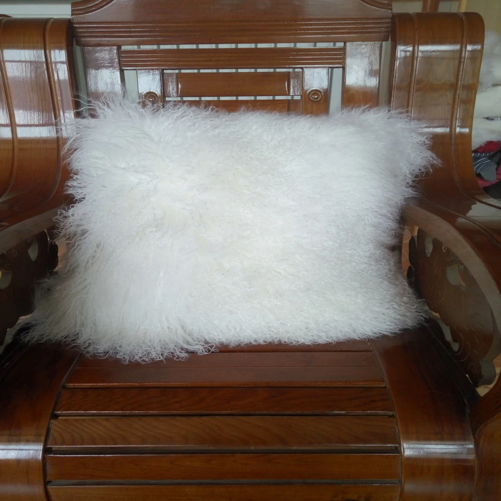 Two Sides White Real Mongolian Lamb Fur Pillow Cover For Sofa Curly