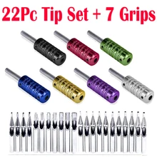 Новинка! 7 ребристые татуировки Алюминий сплав рукоятки трубы Вернуться стволовых W/22 шт 304 наконечники из нержавеющей стали комплект