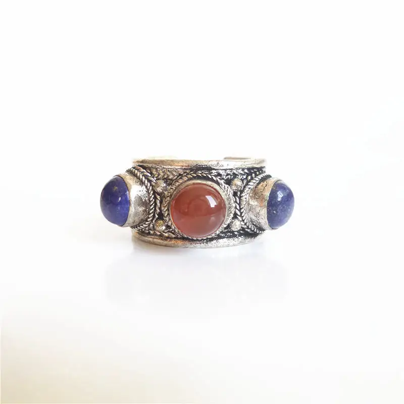 

R189 Tibet Ethnic Rings Tibetan Silver inlaid Real Stone Beads Open Rings Lapis Lazuli