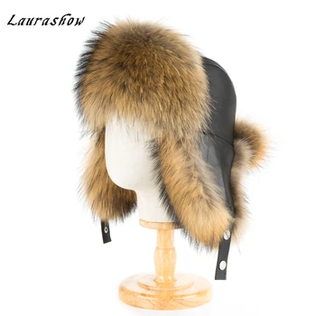 

Laurashow Real Raccoon Fur Corium Men Snow Caps Army Russia Bomber Hats Trapper trooper Hat Winter Earflap Beanie Hat