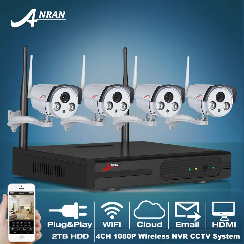 Plug And Play 4CH WIFI NVR Kit 2TB HDD P2P Cloud CCTV System 1080P HD IP Camera H.264 2 Array IR Outdoor Security Camera System