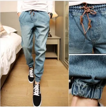 

HOT Fashion Vintage Moustache jeans Effect Elastic Waist Joggers Teenagers Boys trousers beam Foot Halem jeans Men Demin Slim