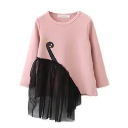 V-TREE на весну с изображением лебедя, кружевная футболка для Свитер для девочек хлопок длинный рукав Детская Стандартный рубашка Топы