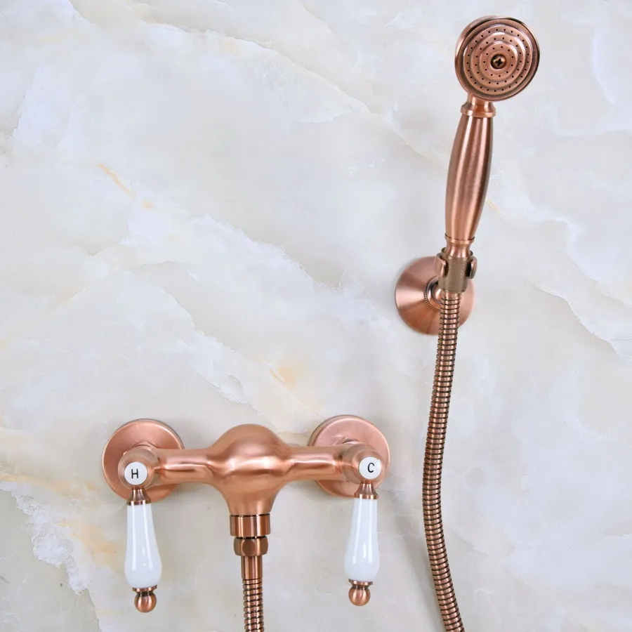 

Antique Red Copper Brass Double Ceramic Handles Wall Mounted Bathroom Shower Faucet Mixer Tap Telephone Style Hand Shower ana299