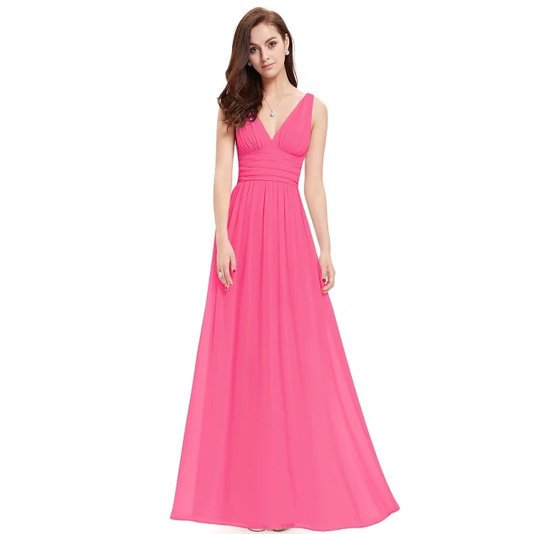 Vestido Fiesta Mujer Ever Pretty, длинное шифоновое свадебное платье трапециевидной формы с v-образным вырезом, элегантные королевские синие платья подружек невесты - Цвет: Hot Pink