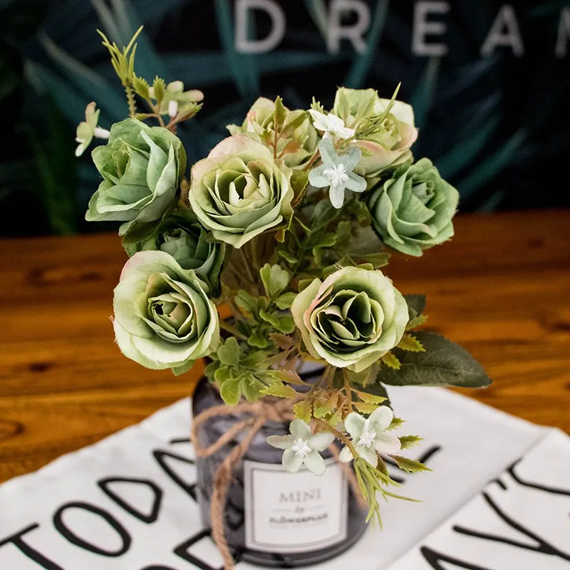 10 головок/1 комплект шелковые розы, искусственные цветы букет чай Роза для свадьбы аксессуары для дома Декор комнаты - Цвет: Зеленый