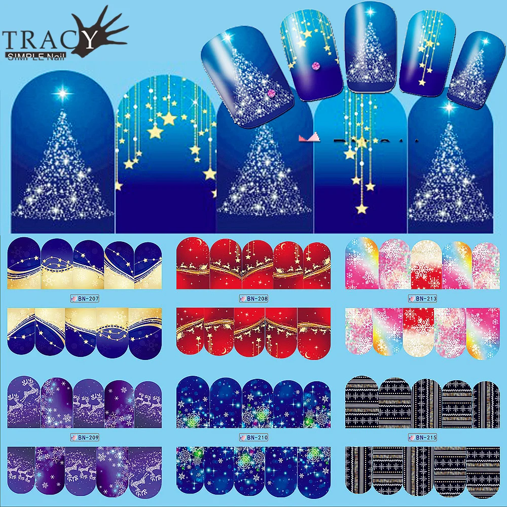 

1pcs Nail Art Christmas Water Transfer Tips Snowflake Blue Full Wraps Patterns Temporary Sticker Nails DIY Tool TRBN205-216