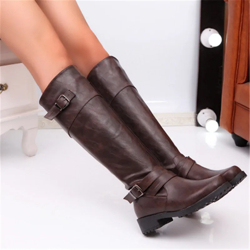 

PU Leather Women Brown Long Boots Riding Casual Belt Buckle Zipper Autumn Winter Knee-High Loose Boots Botas Mujer Footwear