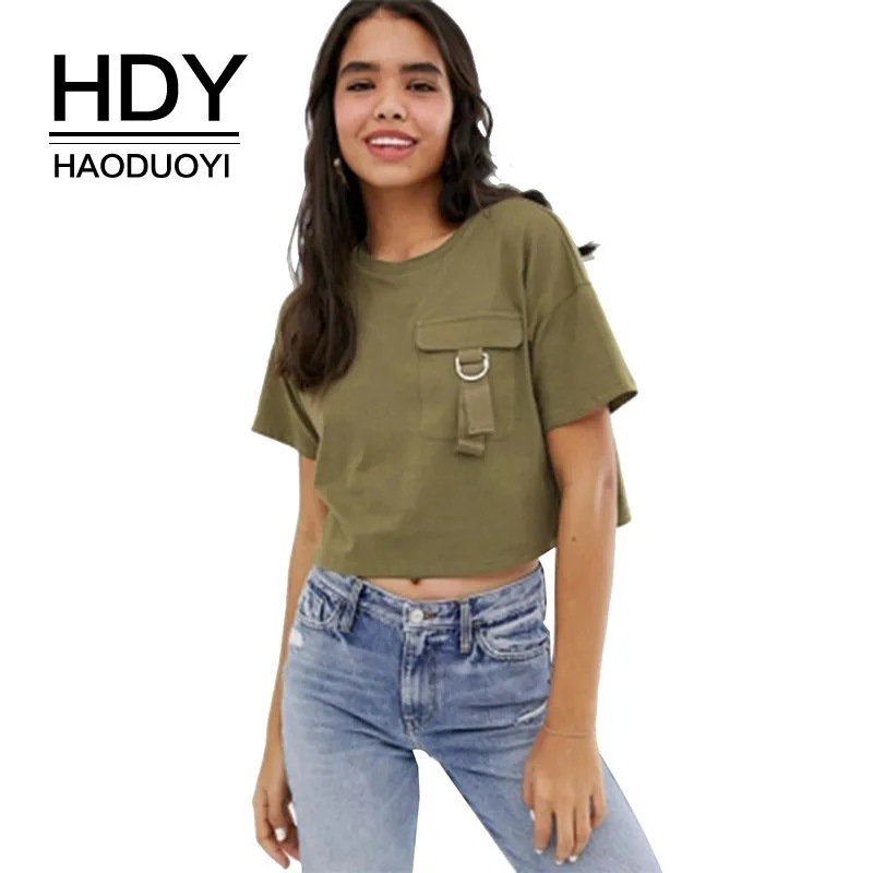 

HDY Haoduoyi Fashion Simple Motion Leisure Wind Summer New Style Tops Practical Pocket Short Paragraph Round Neck Female T-shirt