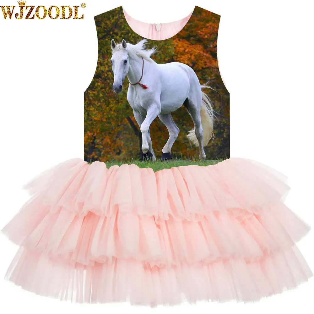 Girls Dresses For Wedding white horse print Formal Girl Birthday Party