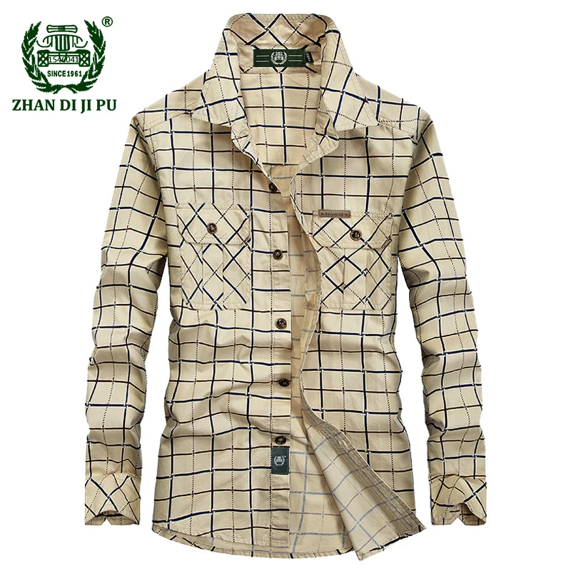 

2018 Plus size M-5XL men autumn casual brand 100% cotton army long sleeve khaki plaid shirt man spring afs jeep blue grid shirts