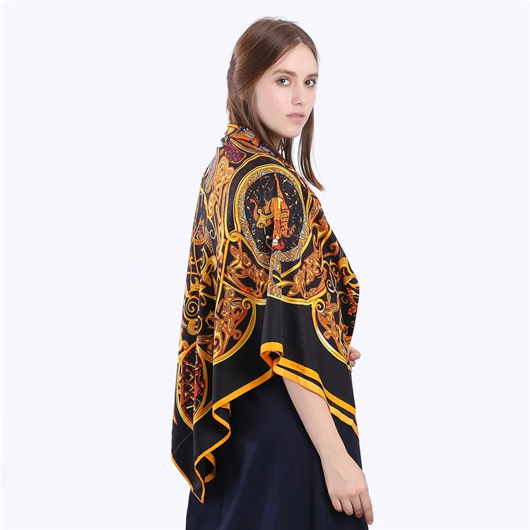 POBING твил Шелковый квадратный шарф для женщин Испания дворец печати платок шарфы обертывания шейный платок офис леди бандана 130*130