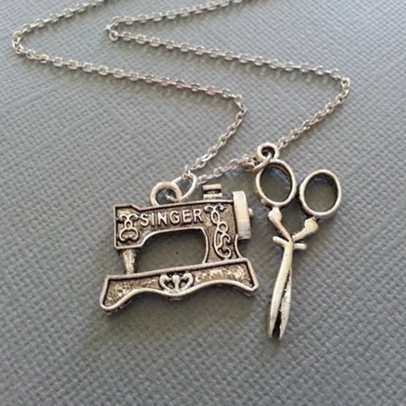 

The Sewer's Necklace Sewing Machine and Scissors in Antique Silver Charms Jewelry Handmade Necklace Christmas gifts