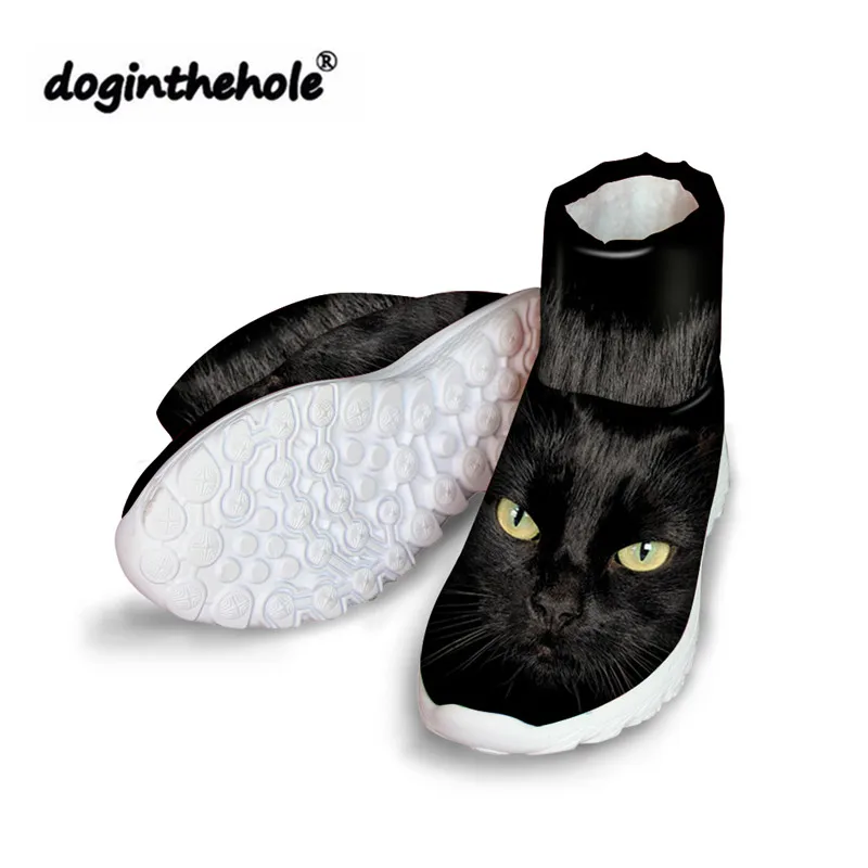 

doginthehole Women Boots for Cute Black Cats Printing Snow Boots Feminine Slip-on Winter Flats Ladies Warm Ankle Boots Zapatos