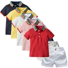 Для маленьких мальчиков джентльмен Радуга Поло футболка Топы Корректирующие+ твердые шорты комплект одежды vetement enfant garcon детская одежда лето