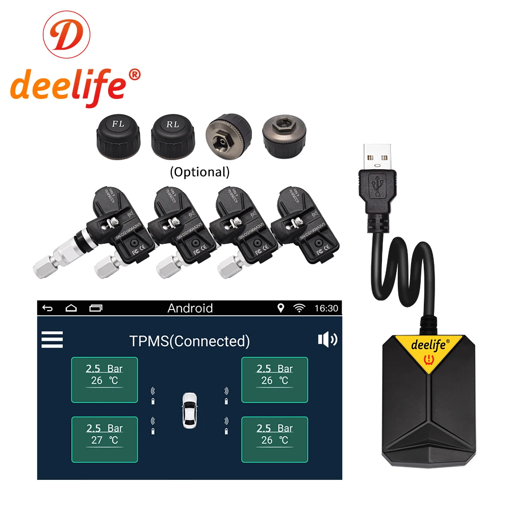 

Deelife USB Android TPMS Tire Pressure Monitoring System Display Alarm 4 Sensors for Android Car DVD Radio Multimedia Player