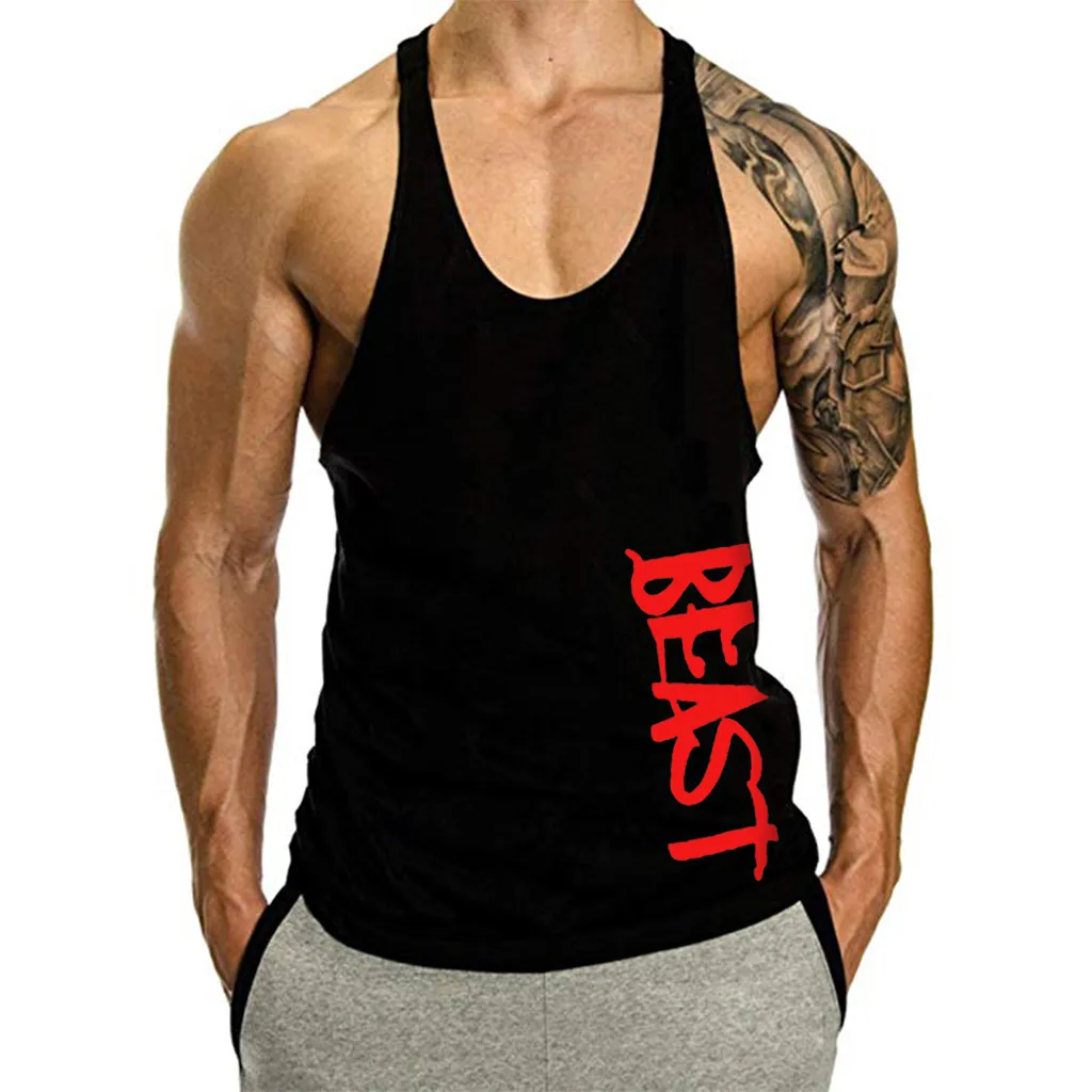 

ISHOWTIENDA Men Beast Bodybuilding Tank Top Fittness Shirt Clothes Men Cotton Hot Top Clothing Summer #w35