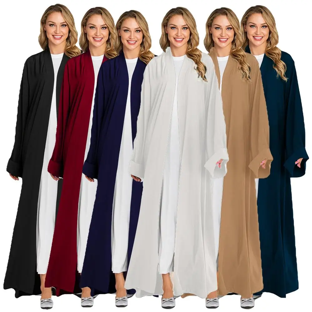 New Open Front Cardigan Dubai Kimono Abaya Maxi Dress Muslim For Women Solid Color Long Sleeve Arab Robe Gown Middle East Dress